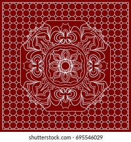 Red mandala background, geometric pattern with ornate lace frame. Vector illustration. for Scarf Print, Fabric, Covers, Scrapbooking, Bandana, Pareo, Shawl, Carpet design.