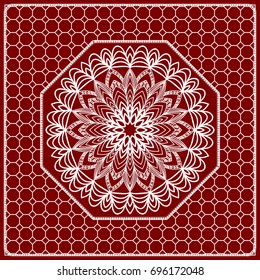 Red mandala background, geometric pattern with ornate lace frame. Vector illustration. for Scarf Print, Fabric, Covers, Scrapbooking, Bandana, Pareo, Shawl, Carpet design.