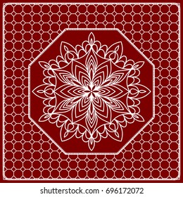 Red mandala background, geometric pattern with ornate lace frame. Vector illustration. for Scarf Print, Fabric, Covers, Scrapbooking, Bandana, Pareo, Shawl, Carpet design.