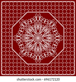 Red mandala background, geometric pattern with ornate lace frame. Vector illustration. for Scarf Print, Fabric, Covers, Scrapbooking, Bandana, Pareo, Shawl, Carpet design.