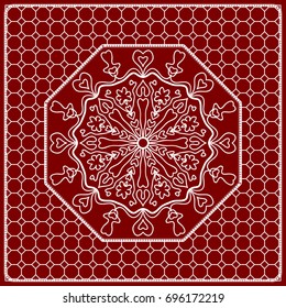 Red mandala background, geometric pattern with ornate lace frame. Vector illustration. for Scarf Print, Fabric, Covers, Scrapbooking, Bandana, Pareo, Shawl, Carpet design.