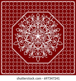 Red mandala background, geometric pattern with ornate lace frame. Vector illustration. for Scarf Print, Fabric, Covers, Scrapbooking, Bandana, Pareo, Shawl, Carpet design.