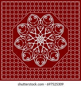 Red mandala background, geometric pattern with ornate lace frame. Vector illustration. for Scarf Print, Fabric, Covers, Scrapbooking, Bandana, Pareo, Shawl, Carpet design.