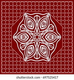 Red mandala background, geometric pattern with ornate lace frame. Vector illustration. for Scarf Print, Fabric, Covers, Scrapbooking, Bandana, Pareo, Shawl, Carpet design.
