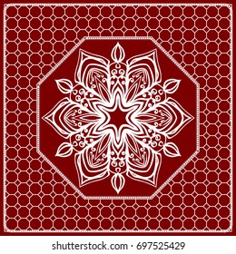 Red mandala background, geometric pattern with ornate lace frame. Vector illustration. for Scarf Print, Fabric, Covers, Scrapbooking, Bandana, Pareo, Shawl, Carpet design.