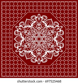 Red mandala background, geometric pattern with ornate lace frame. Vector illustration. for Scarf Print, Fabric, Covers, Scrapbooking, Bandana, Pareo, Shawl, Carpet design.