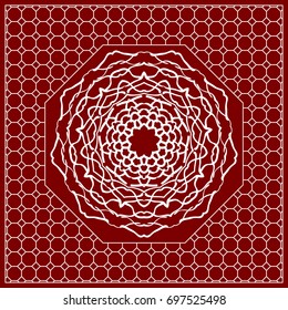 Red mandala background, geometric pattern with ornate lace frame. Vector illustration. for Scarf Print, Fabric, Covers, Scrapbooking, Bandana, Pareo, Shawl, Carpet design.