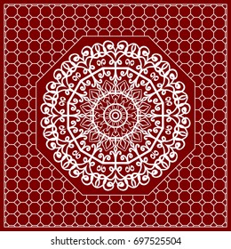 Red mandala background, geometric pattern with ornate lace frame. Vector illustration. for Scarf Print, Fabric, Covers, Scrapbooking, Bandana, Pareo, Shawl, Carpet design.