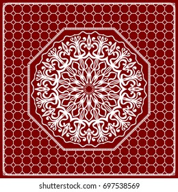 Red mandala background, geometric pattern with ornate lace frame. Vector illustration. for Scarf Print, Fabric, Covers, Scrapbooking, Bandana, Pareo, Shawl, Carpet design.