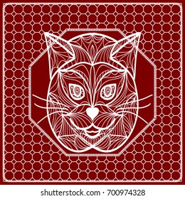 Red mandala background, geometric pattern with cat face . Vector illustration. for Scarf Print, Fabric, Covers, Scrapbooking, Bandana, Pareo, Shawl, Carpet design.