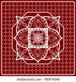 Red mandala background, geometric pattern with ornate lace frame. Vector illustration. for Scarf Print, Fabric, Covers, Scrapbooking, Bandana, Pareo, Shawl, Carpet design.