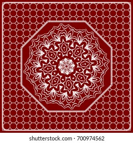 Red mandala background, geometric pattern with ornate lace frame. Vector illustration. for Scarf Print, Fabric, Covers, Scrapbooking, Bandana, Pareo, Shawl, Carpet design.