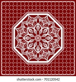 Red mandala background, geometric pattern with ornate lace frame. Vector illustration. for Scarf Print, Fabric, Covers, Scrapbooking, Bandana, Pareo, Shawl, Carpet design.