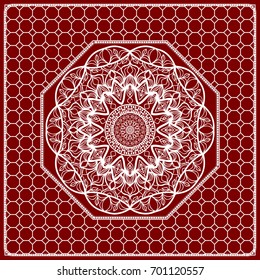 Red mandala background, geometric pattern with ornate lace frame. Vector illustration. for Scarf Print, Fabric, Covers, Scrapbooking, Bandana, Pareo, Shawl, Carpet design.