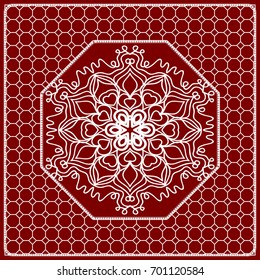Red mandala background, geometric pattern with ornate lace frame. Vector illustration. for Scarf Print, Fabric, Covers, Scrapbooking, Bandana, Pareo, Shawl, Carpet design.