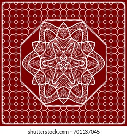 Red mandala background, geometric pattern with ornate lace frame. Vector illustration. for Scarf Print, Fabric, Covers, Scrapbooking, Bandana, Pareo, Shawl, Carpet design.