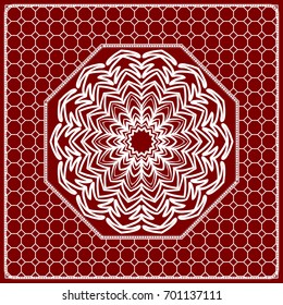 Red mandala background, geometric pattern with ornate lace frame. Vector illustration. for Scarf Print, Fabric, Covers, Scrapbooking, Bandana, Pareo, Shawl, Carpet design.