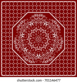 Red mandala background, geometric pattern with ornate lace frame. Vector illustration. for Scarf Print, Fabric, Covers, Scrapbooking, Bandana, Pareo, Shawl, Carpet design.