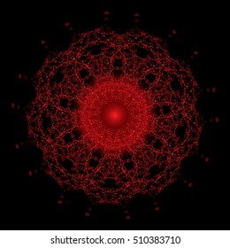 Red mandala. Black background.