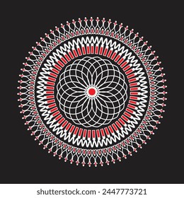  Red mandala, boho, ethnic patterns, t-shirt prints, coloring books for adults, yoga, meditation. Vector illustration of a stock isolated on a black background. Tattoo
background, Pattern Stencil Dood