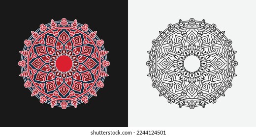 Diseño de Mandala roja, azul marino mandala, para papel pintado, afiche, tarjeta, decoración, banner, página de libro de colorear, editable.