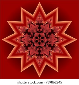 Red mandala for energy and vitality obtaining, circle symmetric patterns in star shape, 3d illusion in optical art style, for meditation and spiritual exercises