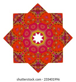 Red mandala with floral print isolated on a white background. Vector illustration.