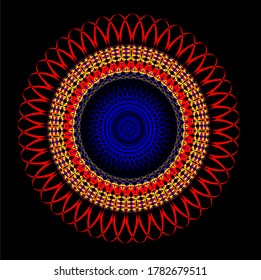 flor de mandala roja con ochenta y ocho pétalos y con un círculo rojo y azul de seis capas