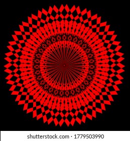 
flor de mandala roja con sesenta y dos pétalos con cuatro capas de círculos