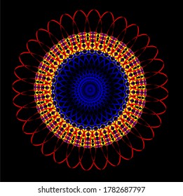 red mandala flower with sixty-four petals and has a red and blue six-layer circle