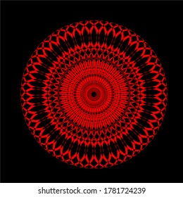 

red mandala flower that has ninety petals and there are six layers of circles with a matching pattern