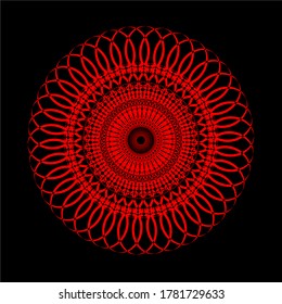 
flor de mandala roja que tiene ochenta y dos pétalos y hay seis capas de círculos con un patrón coincidente