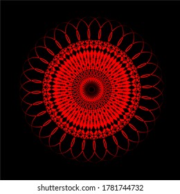 red mandala flower that has sixty eight petals and there are six layers of circles with a matching pattern