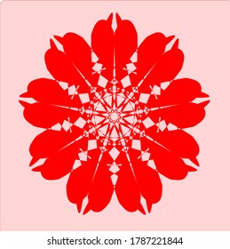 
a red mandala flower that has eighteen petals and five matching circles