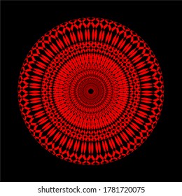 
flor de mandala roja que tiene noventa y ocho pétalos y hay seis capas de círculos con un patrón coincidente