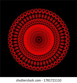 red mandala flower which has ninety-four petals and there are six layers of circles with a matching pattern