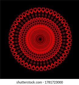 
flor de mandala roja que tiene noventa y dos pétalos y hay seis capas de círculos con un patrón coincidente