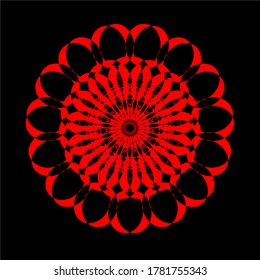 
red mandala flower which has thirty petals and there are six layers of circles with a matching pattern