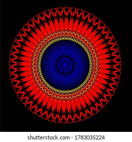 
red mandala flower which has one hundred and four petals with eight layers of red and blue circles