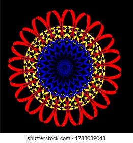 red mandala flower which has forty petals with eight layers of red blue circle