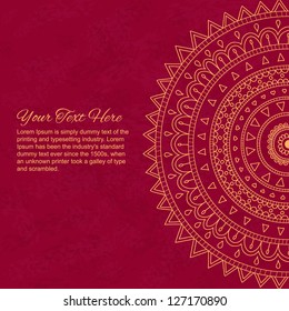 Red mandala ornament background with text. Vector image.