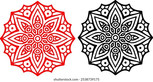 Red Mandala Ornament with Intricate Symmetrical Pattern on Transparent Background, PNG Image. Intricate Ethnic Mandala Pattern - Ornamental Floral Design Element.
