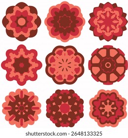 Red mandala set art for book printing photos. Kaleidoscope-Style Mandala Art Featuring Symmetry and Radiant Colors.  Mandala with floral patterns. Pastel Yoga icon pattern template. Vector, EPS 10.