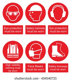 Red mandatory construction manufacturing and engineering health and safety signs to current British Standards isolated on white background