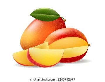 Rote Mango-Früchte und Scheiben im realistischen Stil. Mangos und Mangos, ganz in Stücken, mit reif gelbem Zellstoffdessert einzeln auf weißer, tropischer Mangos-Farbe perfekte Vektorgrafik