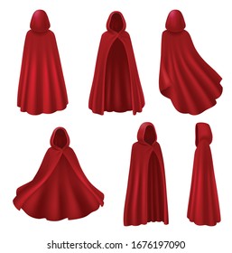 Red mantle hood realistic set with isolated images of long robes from different views with cowls vector illustration