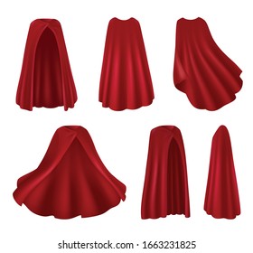 Red mantle realistic images set of isolated robes on blank background with various angles and poses vector illustration