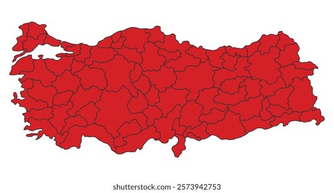 Türkiye red map with border of regions outline vector