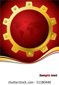 Red map brochure with gold cogwheel