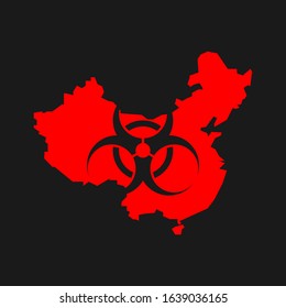 Red map of China with biological contamination icon isolated. Vector stock illistration, coronavirus concept.